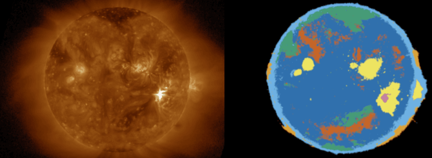 An image of the September 6th, 2017, solar flare next to a multi-colored map of the same solar flare. On the map, different colors identify different solar phenomena. 